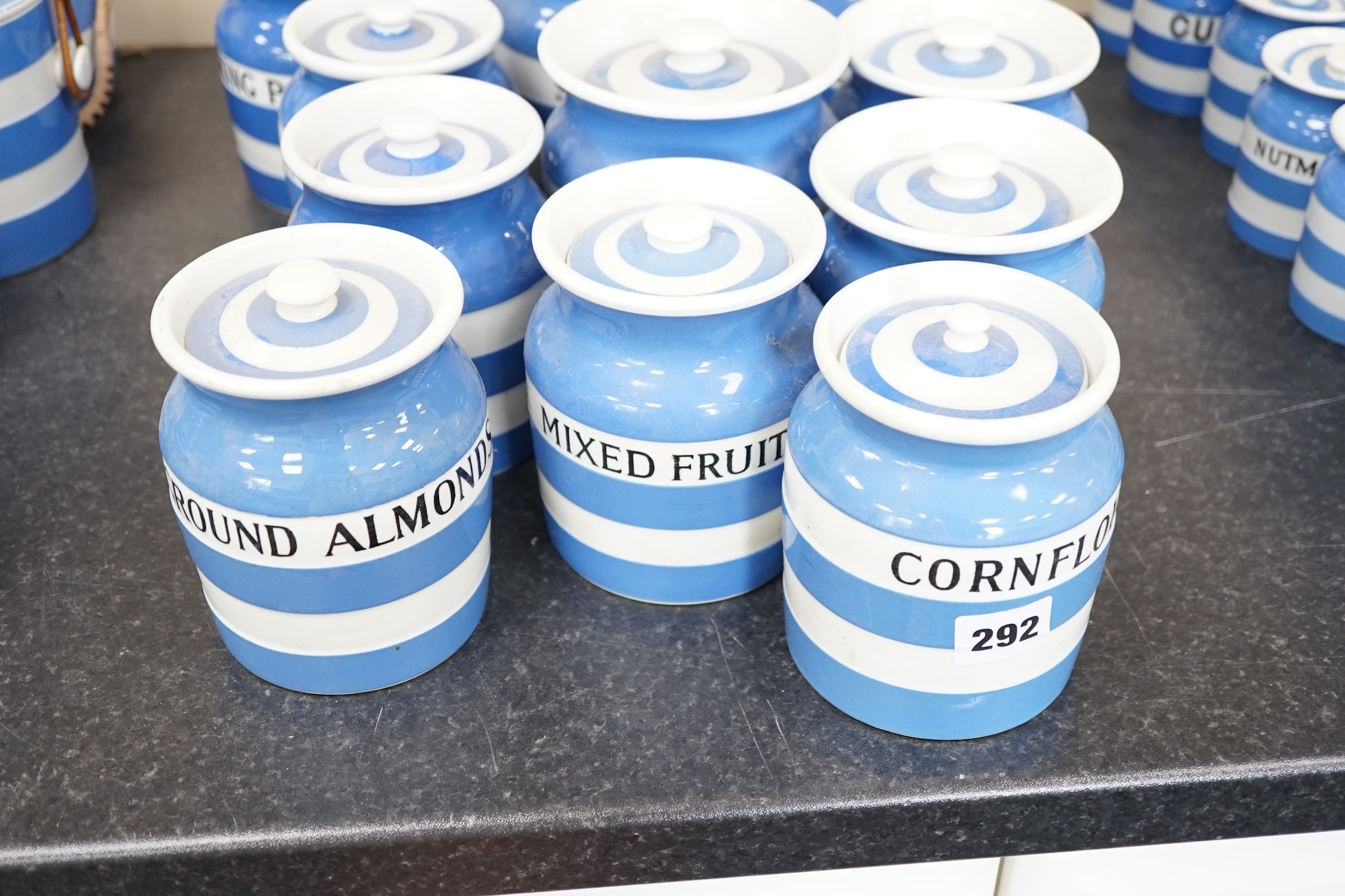 T.G.Green Cornish Kitchenware, fourteen lidded storage jars to include China Tea, Salt, Table Salt, Peel, Currants, Baking Powder and Ground Almonds, largest 14cm high, mixed marks. Condition - fair to good